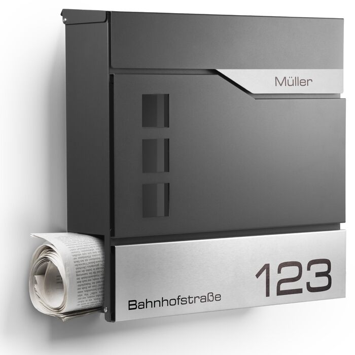 Поштовий ящик Oslo Anthrazit RAL7016 з газетницею та гравіюванням: індивідуальний дизайн, нержавіюча сталь, стійкість до УФ-випромінювання