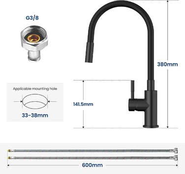 Змішувач кухонний CECIPA SOFETIY SERIE (Чорний) з гнучким виливом 360°, для високого тиску, з 2 режимами струменя, з нержавіючої сталі, для раковини