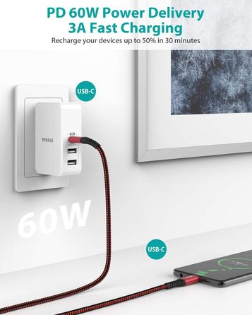 Кабель USB-C Nimaso [2 шт., 2 м], 20V/3A/60W, для Samsung, Google Pixel, MacBook, iPad, iPhone, червоний
