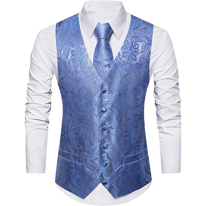 Костюмний жилет Barry.Wang чоловічий, 5-ти частинний комплект з краваткою та нагрудником, блакитний з чорним квітковим візерунком, Jacquard, шовк, 3XL