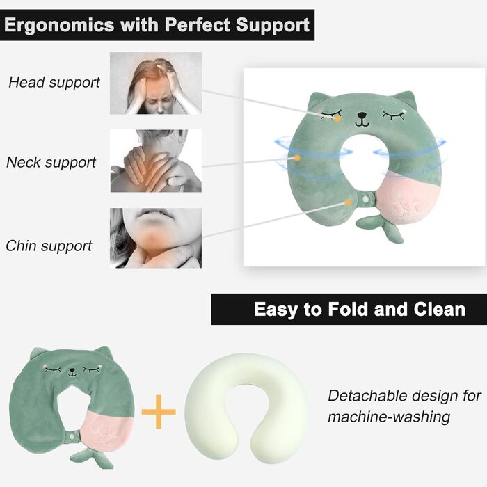 Дитяча подушка для шиї Memory Foam, U-подібна подушка для подорожей (літак, авто, поїзд), знімний чохол (зелена)