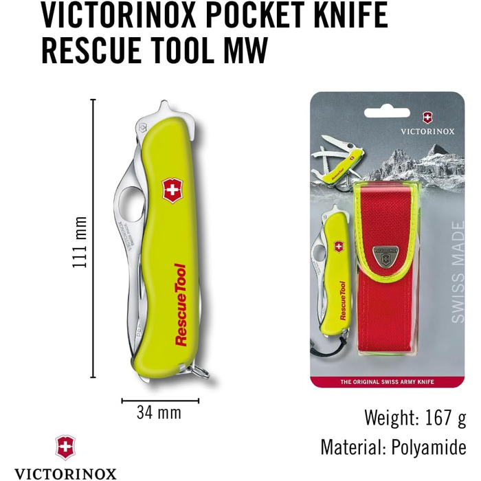 Мультитул Victorinox Rescue Tool MW - пожежний мультиінструмент, 13 функцій, лезо з хвилястим лезом, жовтий, світиться в темряві