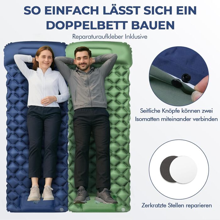 Надувний килимок для кемпінгу самонадувний Ultraleichte 195x60 см з вбудованою подушкою та помпою, водонепроникний, синій