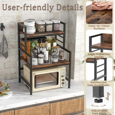 Полиця для мікрохвильової печі KOMFOTTEU 52x42x78 см, кухонна полиця з регульованими ніжками та захистом від перекидання, економна полиця для каструль, сковорідок, тарілок та мисок, коричнева