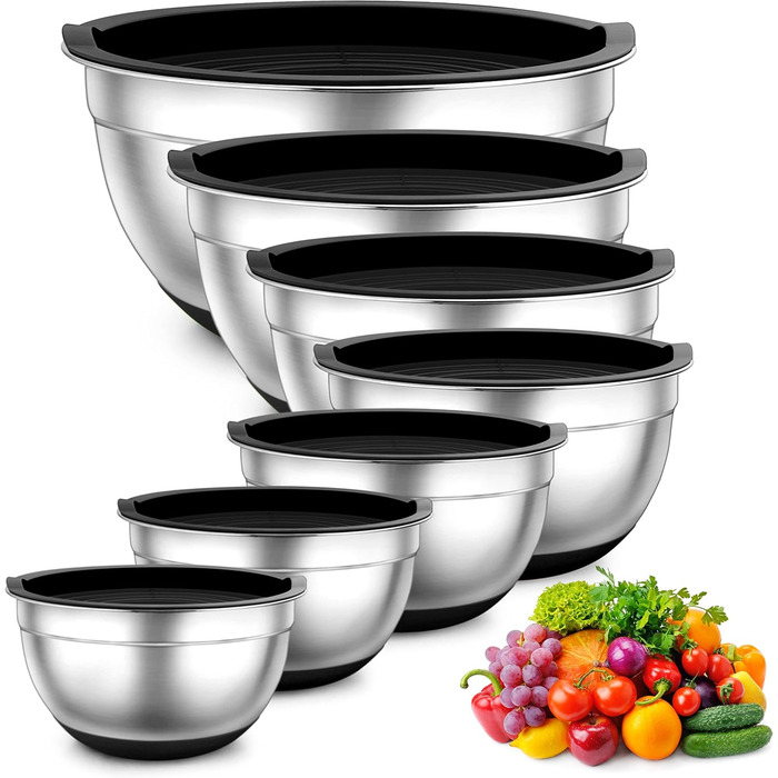 TEAMFAR Mixing Bowl Set of 7, Stainless Steel Bowl Salad Bowl Set with Airtight Lids and Silicone Bottom, Nesting & Dishwasher Safe, 0.7L / 1.2L / 1.5L / 2.5L / 2.8L / 3.5L / 6.5L, black
