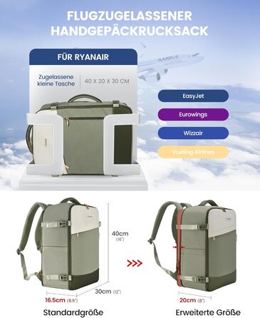 Рюкзак LOVEVOOK 40L для ручної поклажі, 17.3 дюйми, розширюваний, для подорожей та бізнесу (40x30x20cm, зелено-бежевий)