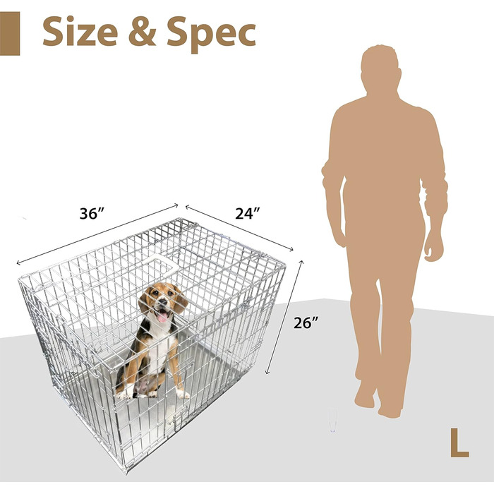 Клітка для собак Ellie-Bo, для малих та великих собак, складана, для цуценят, металева годівниця, 2 срібні двері, велика (91 x 61 x 66 см), срібляста