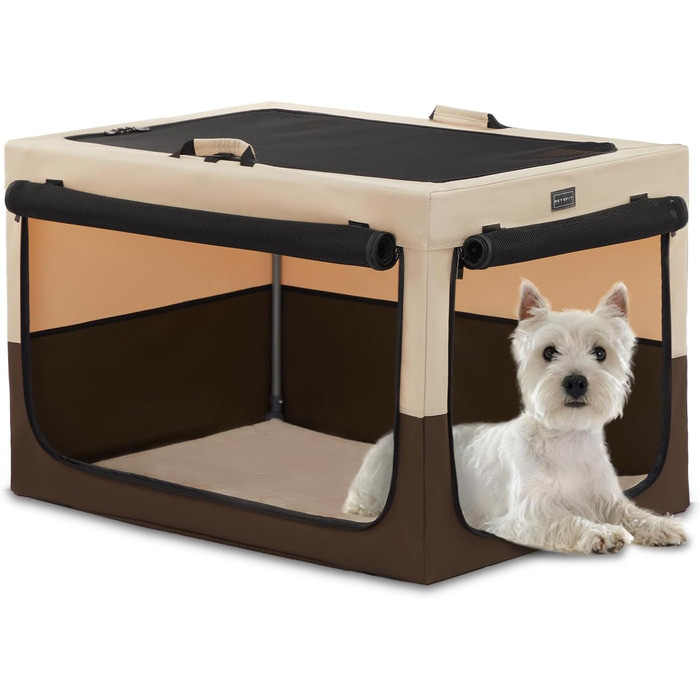 Клітка для собак Petsfit, складана, для середніх та маленьких собак, для дому, транспортування, з регульованим дизайном, з міцними сітчастими вікнами та м'якою підстилкою (61 x 46 x 43 см, колір кава)