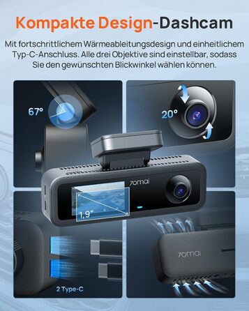 Автомобільний відеореєстратор 70mai T800E 4K 3-канальний (передній, внутрішній, задній) з HDR, ІЧ-нічним баченням, GPS, WiFi 6 та карткою пам'яті 64GB