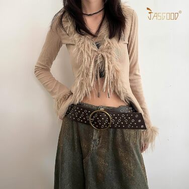 Жіночий широкий пояс JasGood з прорізними заклепками та круглою застібкою, пояс з заклепками, пояс для талії, для джинсів, штанів, суконь, чорний, розмір S (об'єм талії до 88 см)