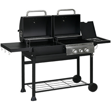Outsunny Grill Cart Gas Grill with 2+1 Burner, Thermometer, 3kW BBQ Charcoal Grill with Shelf, Side Table, Hooks, Camping Grill with Hose for Garden, Balcony, Black | Aosom