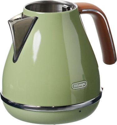 De'Longhi Icona Vintage KBOV2001.GR Kettle - 1.7 l with water level indicator and 360° base, Stainless steel in an elegant retro look with chrome details, 2000 W, 23.01 x 23.01 x 26.49 cm, Olive Olive Single