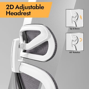 Ергономічне офісне крісло HOLLUDLE з 3D-підтримкою попереку та регульованими підлокітниками, V-подібна спинка, біле