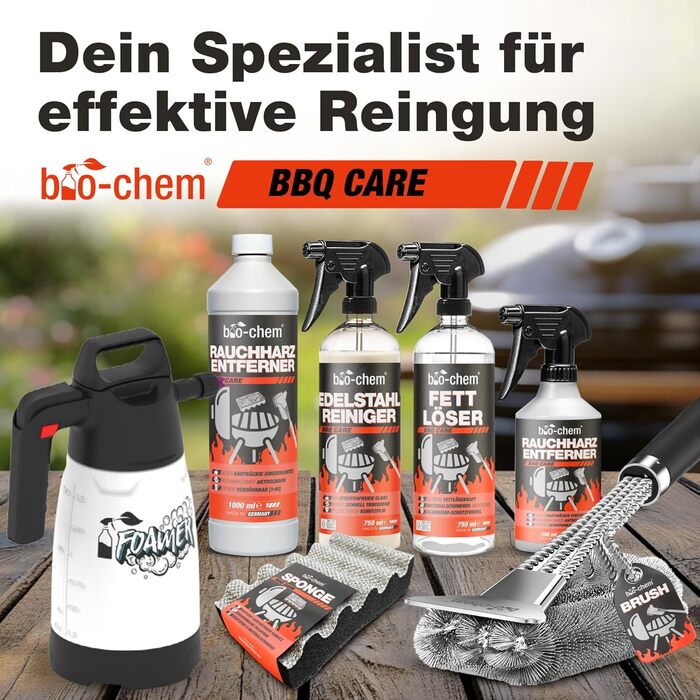 Bio-Chem Grill Cleaning and Care Set Professional Box 9-Piece: Smoke Residue Remover 1L (including spray bottle) + BBQ Cleaner 750ml + Stainless Steel Cleaner 750ml + Foam Sprayer + Grill Brush & Grill Sponge
