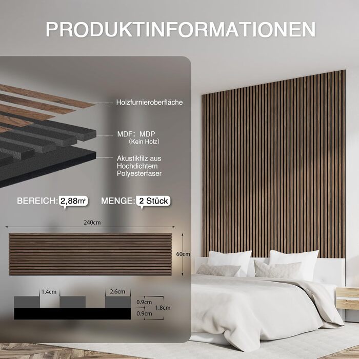 Акустична настінна панель з натурального шпона Темний горіх, 240x60x1.8 см, дерев'яна панель для звукоізоляції вітальні, офісу та студії (1 шт)