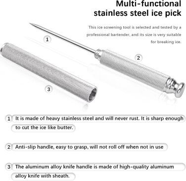 Aluminum alloy ice pick, stainless steel handle, knife with safety cover, ice tool, kitchen tool for restaurant, bar, home (silver)