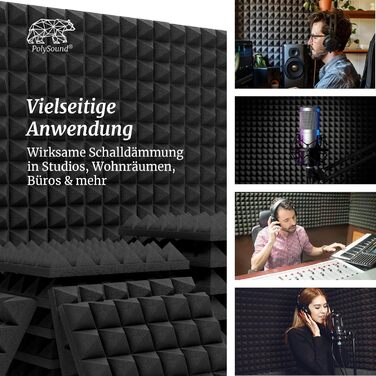 Акустичні пірамідні панелі PolySound для студії, подкастів та домашнього кінотеатру, шумопоглинаючий пінополіуретан, 48 шт, 30x30x6 см, чорний