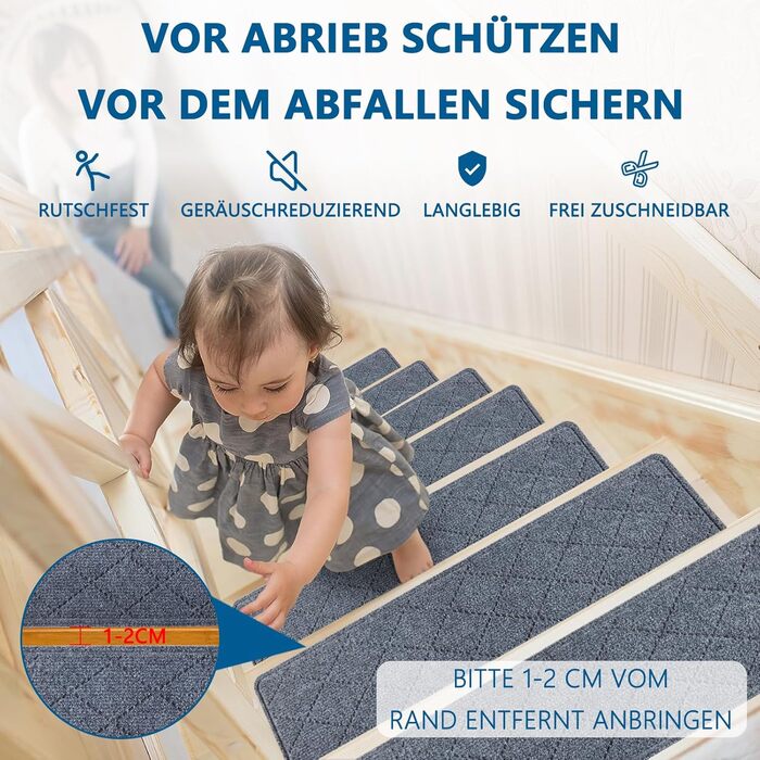 Килимок на сходинки, антиковзаючі, 20x76 см (15 шт), килимки на сходи, багаторазовий клей для чистих поверхонь, захист сходів для дітей, сірий