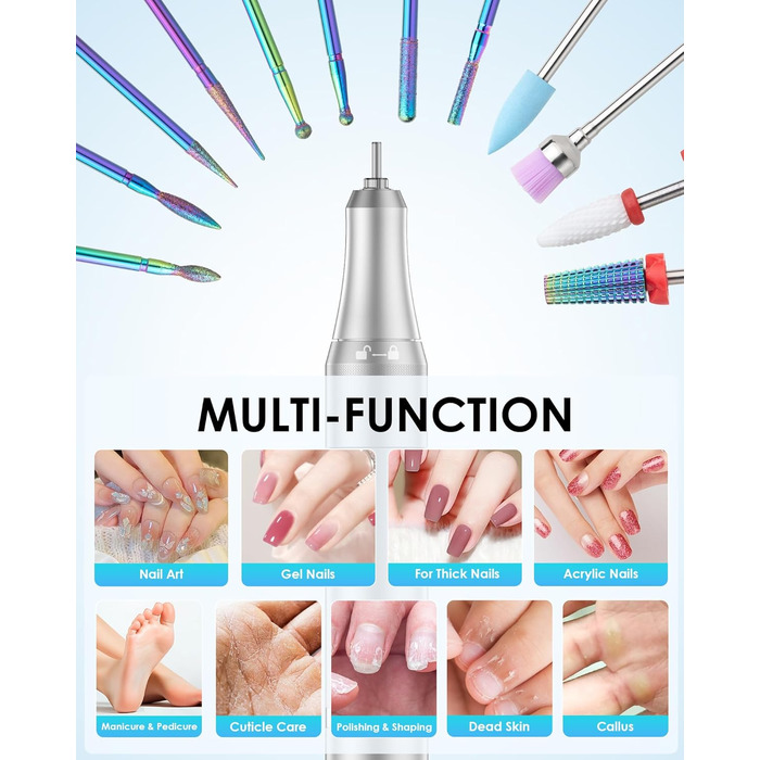 Електричний фрезер для нігтів з LCD дисплеєм, 40000 об/хв, 15 насадок, для манікюру та педикюру, F/R напрямок обертання, для салону та дому (білий)