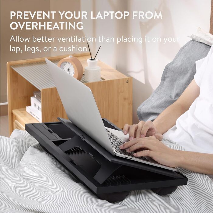 Підставка для ноутбука Navaris з пластику - для ліжка, дивана, планшета. 37,6x28x5,8 см. Підставка-подушка для ноутбука, 8 рівнів, з підкладкою для миші (Чорний)