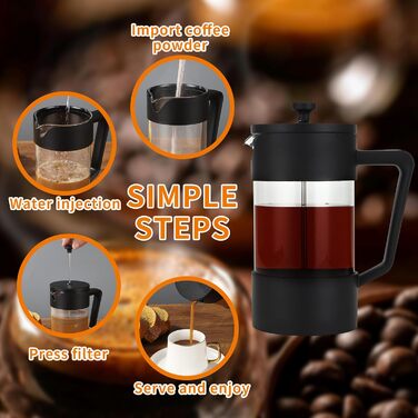 Френч-прес для кави 1000 мл, з нержавіючою сталлю, для приготування кави та чаю, з неслизькими ручками, для подорожей та як подарунок (Чорний)
