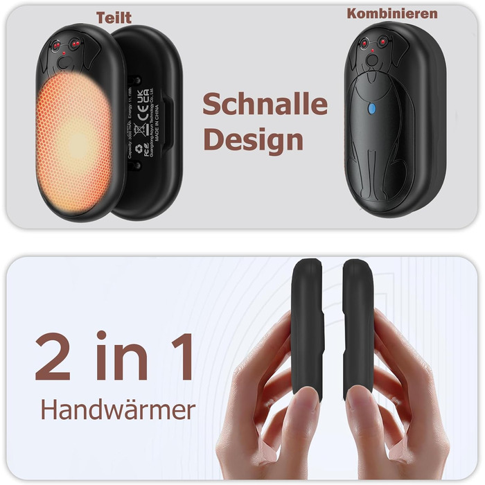 Електричні грілки для рук 6000mAh (2 шт.) - багаторазові, USB-C, 3 режими нагріву, подарунок для жінок, чоловіків, дітей, для катання на лижах, піших прогулянок, чорний