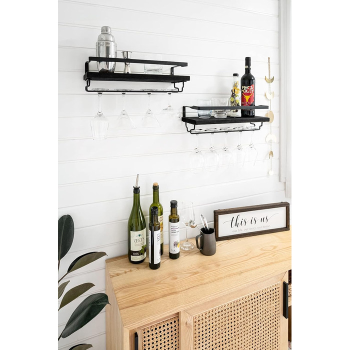 Wall-Mounted Wine Racks 2-Piece Set Wood Rustic Wine Bottle Glass Floating Shelves with Stemware Hangers Modern Wine Display Storage Holder for Kitchen Dining Room Bar, black