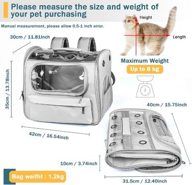 Розширюваний рюкзак для котів та маленьких собак, сірий. Рюкзак-переноска для котів та собак до 8 кг з вікном, дихаючий, складаний