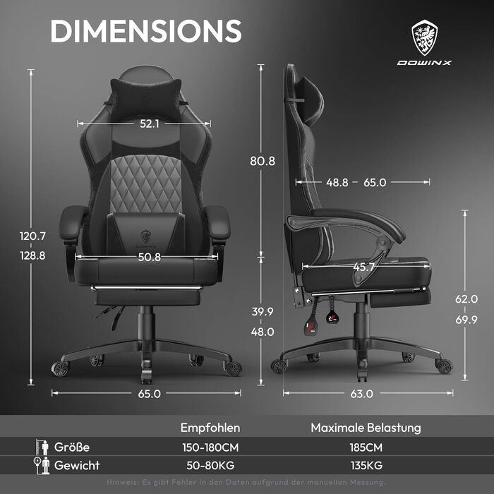 Ігровий крісло Dowinx з PU-шкіри, ергономічний, з підтримкою попереку, для ПК, до 150 кг (чорний)