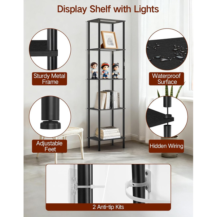 Стельова лампа з полицею, LED, регулювання яскравості, 3 колірні температури, сенсорне управління та пульт, полиця для книг, дерев'яна, сучасний дизайн для вітальні, спальні, офісу (чорний)