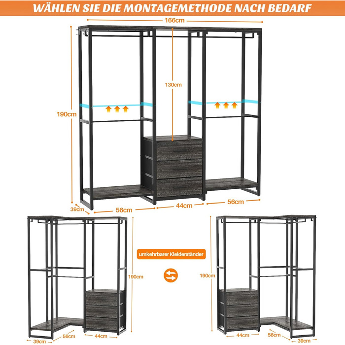 Кутовий вішак для одягу iSunirm L-подібний freestanding шафа з шухлядами, чорний дуб
