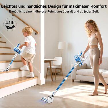 Бездротовий акумуляторний пилосос 35KPA/45Mins з LED-підсвічуванням, HEPA-фільтром та потужною насадкою для твердих підлог, килимів та шерсті тварин (Блакитний)