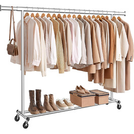 SONGMICS Clothes Rack with Wheels, Heavy-Duty Garment Rack, Extendable Clothes Rod, Holds up to 100 kg, Easy Assembly, Portable, HSR13S (Silver, (160-200)W cm)
