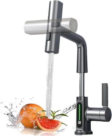 Кухонний змішувач з витяжною лійкою та душем, 3 режими, LED-індикатор температури, однорідний, поворотний на 360°, для кухні, високого тиску, регульована висота (сірий)