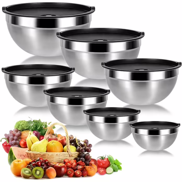 Stainless Steel Bowl Set, 7-Piece, Stainless Steel Mixing Bowls, Salad Bowls, Kitchen Bowls with Lids, Multifunctional Bowls, Nesting