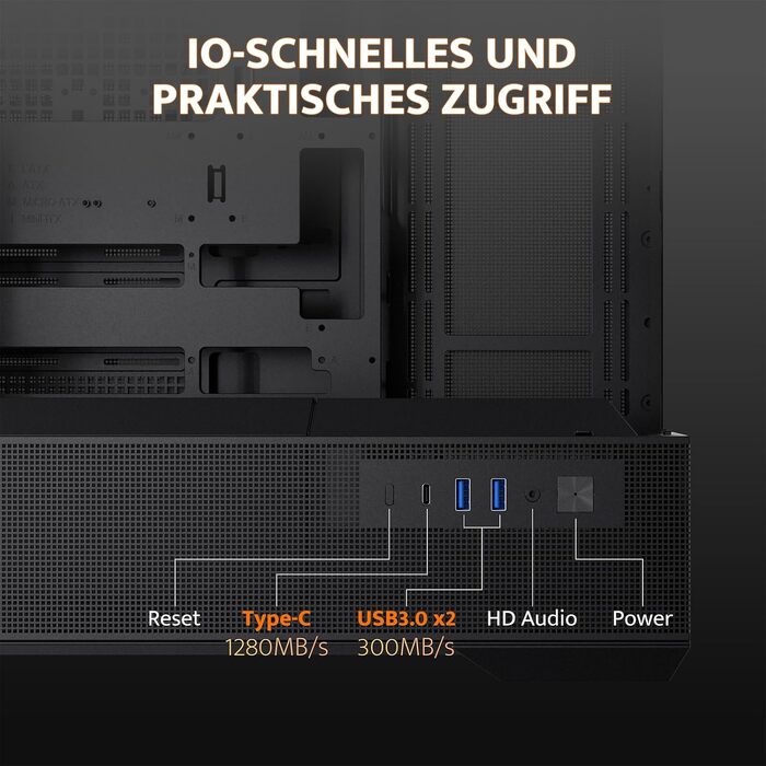 Ігровий корпус darkFlash LAND451 Midi Tower ATX, підтримка BTF-материнських плат, вертикальна установка відеокарти (до RTX 5090), Type-C, підтримка 2x360мм СРО, панорамний дизайн, чорний