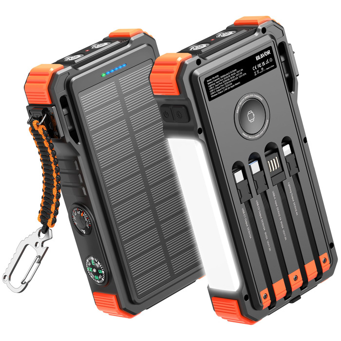 Портативний зарядний акумулятор BLAVOR Solar 20000mAh з кабелем, 20W, сонячний, USB-C, для телефонів та Apple Watch, з ліхтариком та карабіном, оранжевий