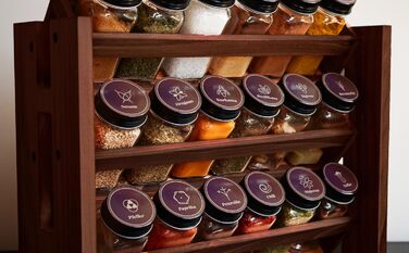 Elegant dark spice rack, wood, standing & wall mounted. 18 SPICE JARS, 25 LABELS. Spice organizer, spice rack, kitchen shelf, wood, vintage. Spice rack - spice rack system hanging - spice storage