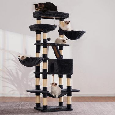 Багатоповерховий котячий будиночок Heybly Kratzbaum HCT025G, 173 см, з 16 стовпчиками для дряпання, 2 платформами, гамаком, печерею та іграшками