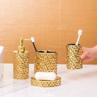Набір аксесуарів для ванної кімнати з кераміки, золото: мильниця, тримач для зубних щіток, стаканчик та мильниця. Стильний декор для раковини, подарунок на новосілля