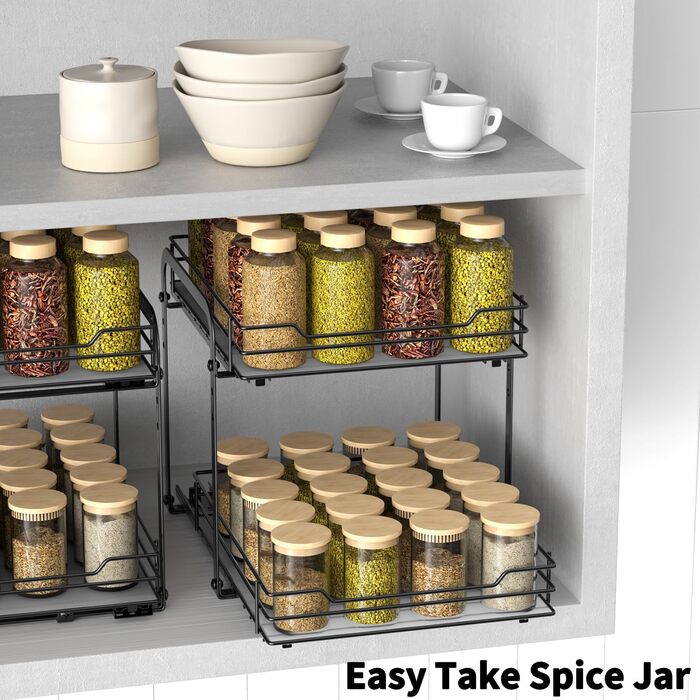 AIRUJIA Pull-Out Spice Rack, 2-Tier Dish Cabinet Organizer, Spice Rack Cabinet, Spice Rack, Lift-Up Bathroom Sink Shelf, Spice Organizer for Kitchen, L26.4*W23.2*H23CM