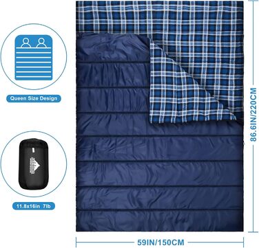 Cotton Flannel Double Sleeping Bag for Camping, Hiking, and Backpacking - Queen Size 2 Person Waterproof Sleeping Bag for Adults & Teens - Lightweight Blue/Blue