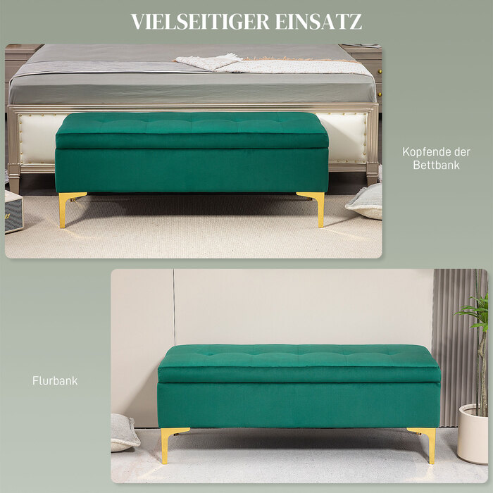 HOMCOM Storage Bench, Upholstered Bench with Velvet Look 120x44x44.5 cm, Metal Legs, Bed Bench for Living Room Bedroom Hallway, green