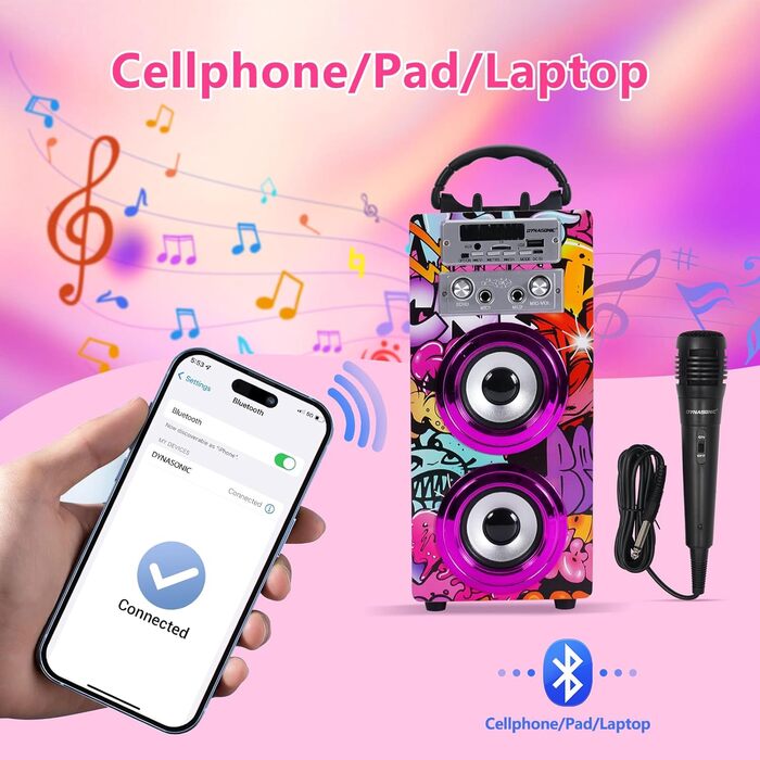 Караоке DYNASONIC з 2 мікрофонами, портативна караоке-машина, Bluetooth-колонки, USB та SD-картрідер, світлові ефекти, подарунок для дітей 5-13 років (025-12 Licht)