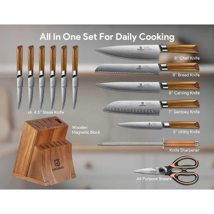 Набір кухонних ножів 15 предметів з дерев'яним блоком, сталь Damast, магнітний тримач, ножі для стейку - ідеальний подарунок