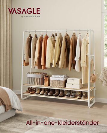 Стійка для одягу VASAGLE RGR119W09, 2 полиці, 6 гачків, сталеве каркас, 45 x 138 x 160 см, для спальні, коридору, прихожої, бежево-білий колір