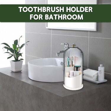 Hidden Toothbrush Holder, Makeup Brush Holder with Lid, 360 Degree Rotating, Waterproof, Dustproof, Organizer, Divided Organizer for Vanity, White