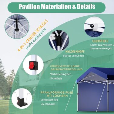 COBIZI Gazebo, Folding Gazebo, Waterproof and Stable, 275 cm Party Tent UV Protection 50+ Folding Gazebo with Waved Pattern for Camping, Beach, Family Gatherings (White) (Dark Blue, 3x3m with 1 Side Walls)