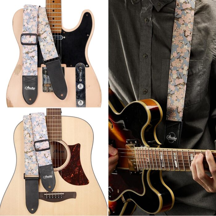 Гітарний ремінь Amumu з бавовни з вишивкою троянд та шкіряними кінцями для бас, електро та акустичної гітари, з фіксатором та блоками для ременя (Цвітіння сливи)