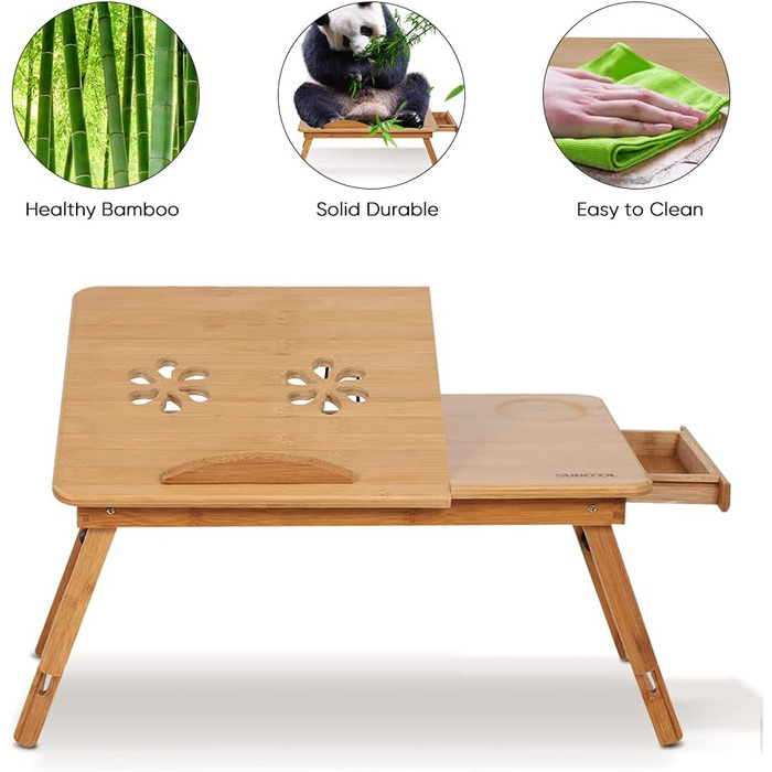 Бамбуковий портативний стіл-підставка для ноутбука з ящиком та вентиляційними отворами, регульований, багатофункціональний для ліжка та дивану